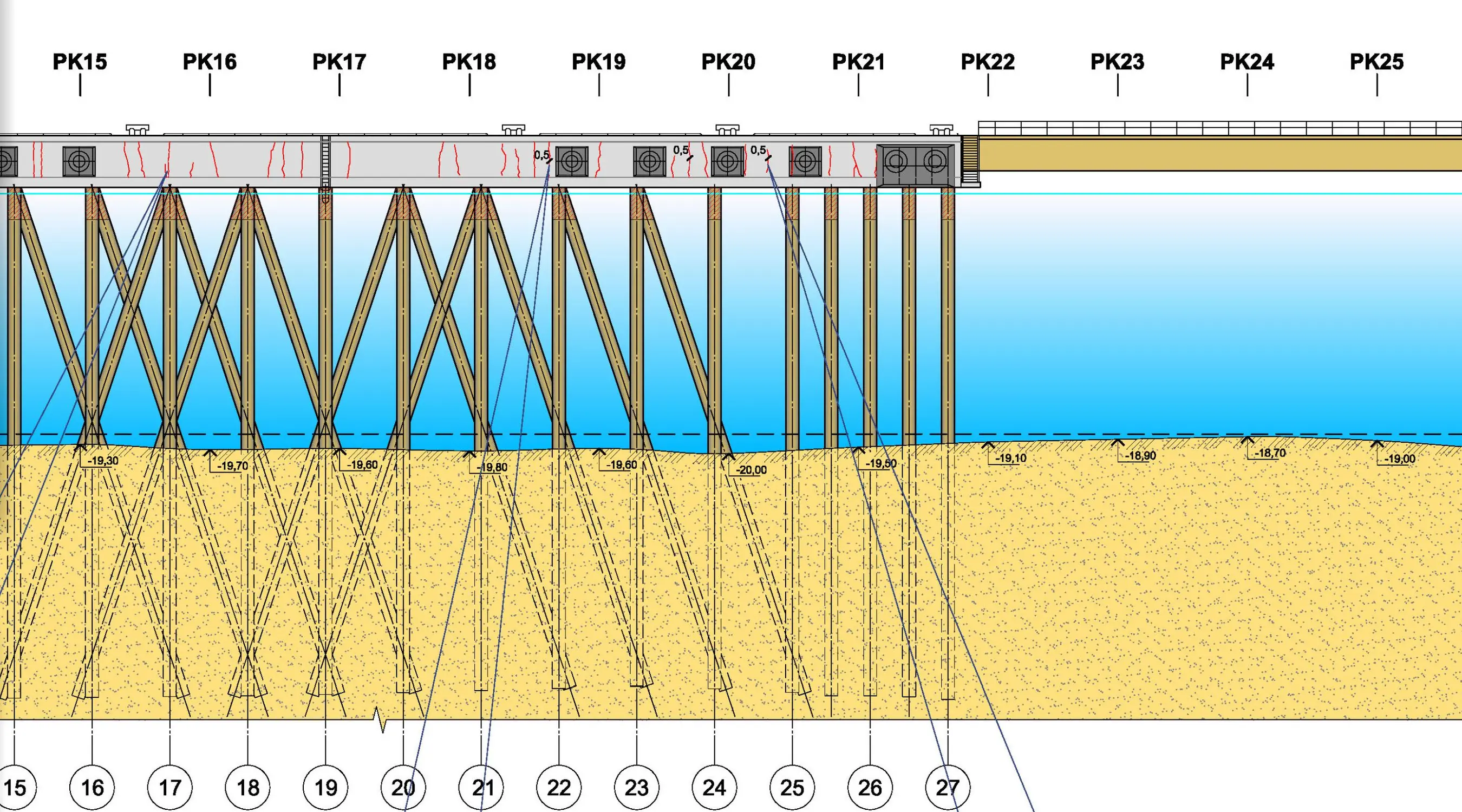 Pile wall and seabed, AutoCAD plot.