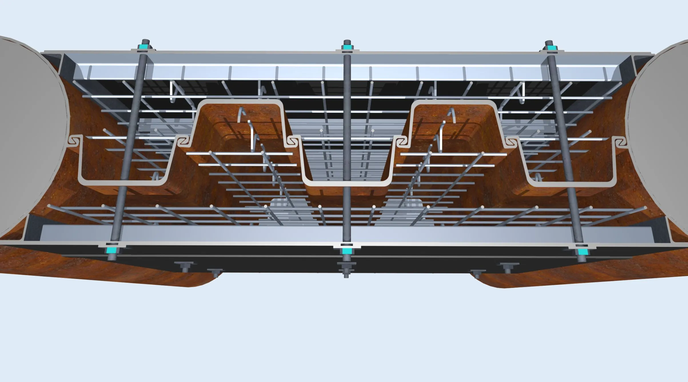 Pile head connection in cross-section, 3D model.