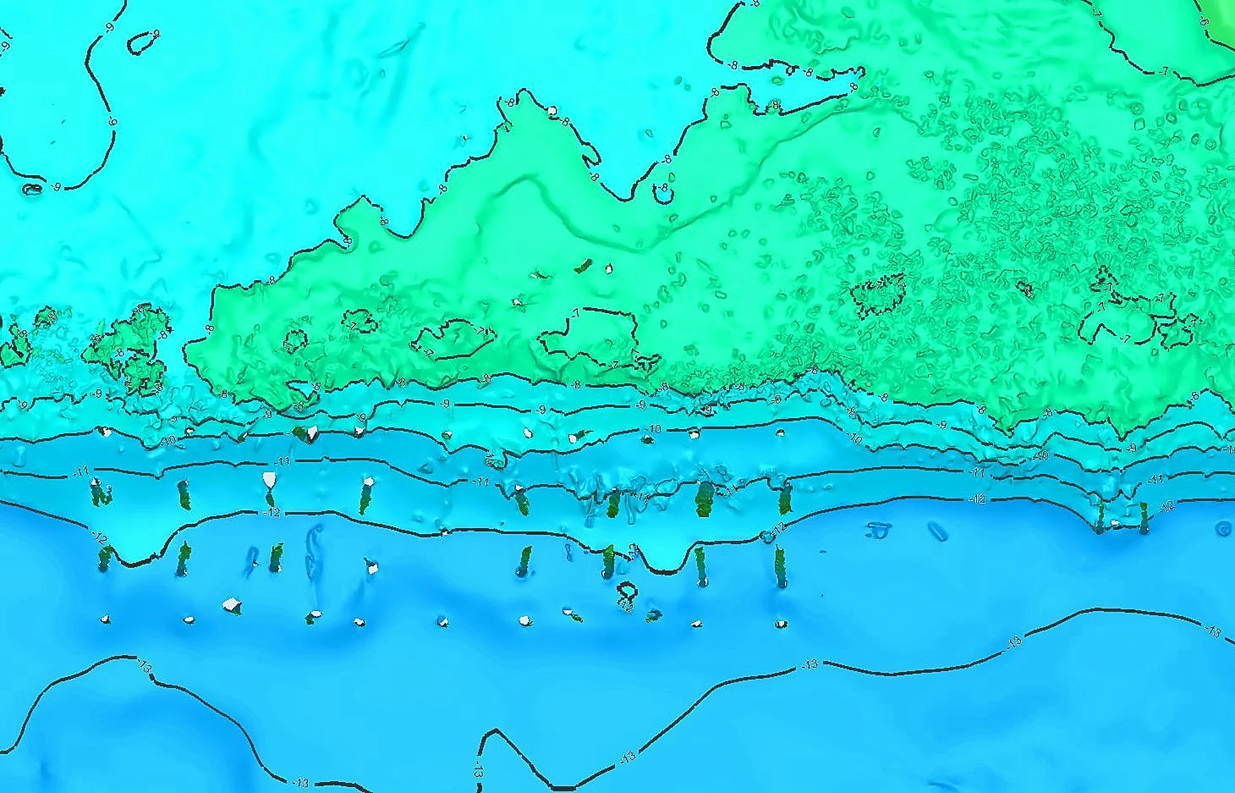 Seabed mesh with bathymetric isolines.