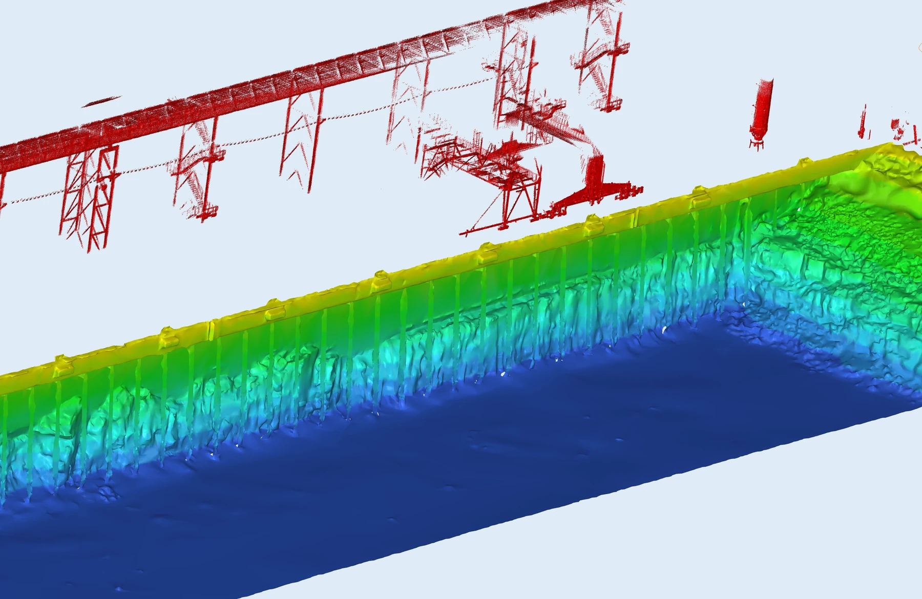 Quay wall and seabed model with the lidar point cloud of the structures above.