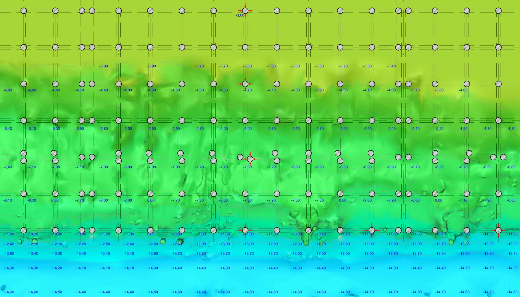 Pile foundation plan with seabed depth readings.