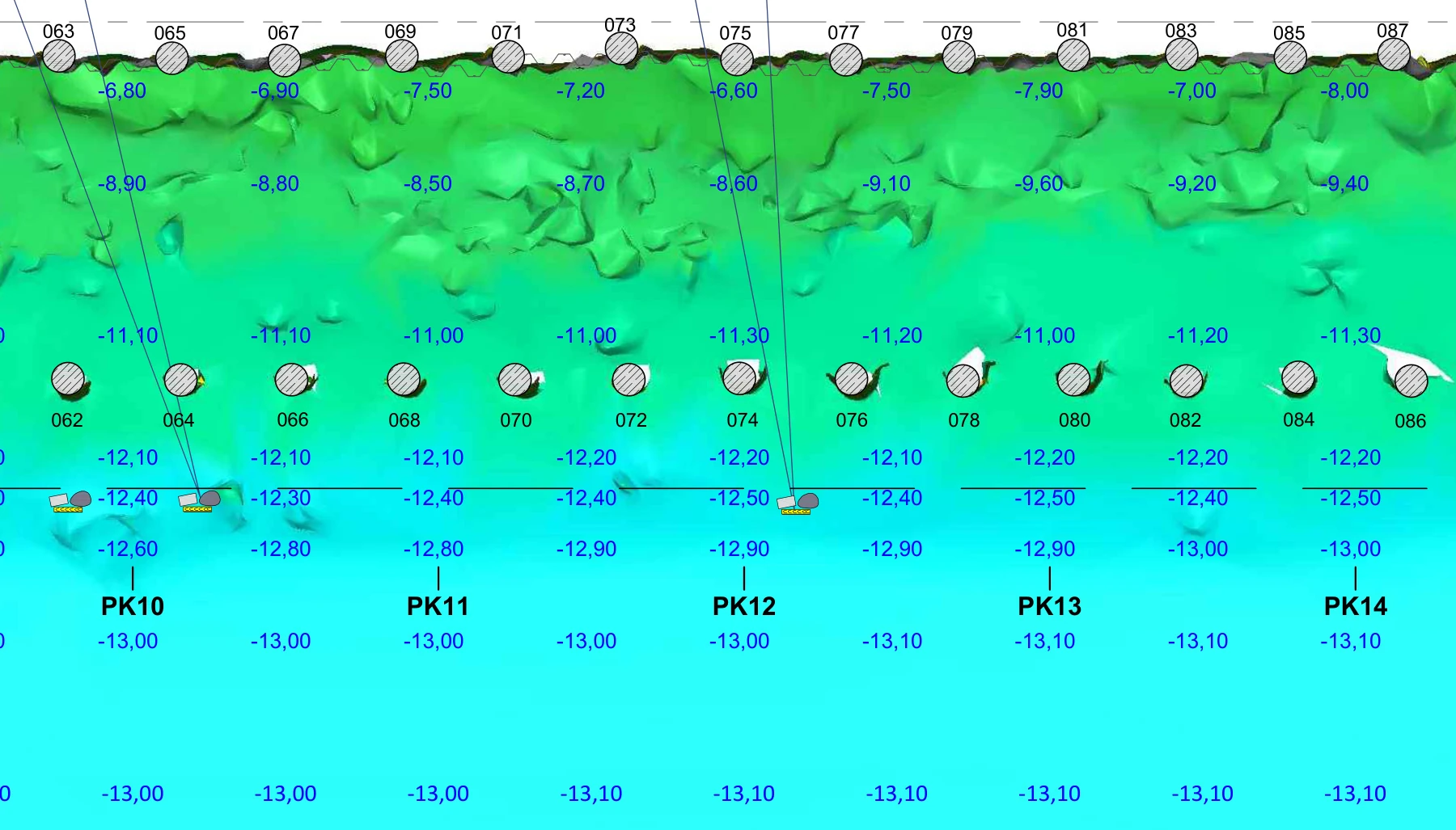 Pile foundation plan with pile numbers, depths and chainage.